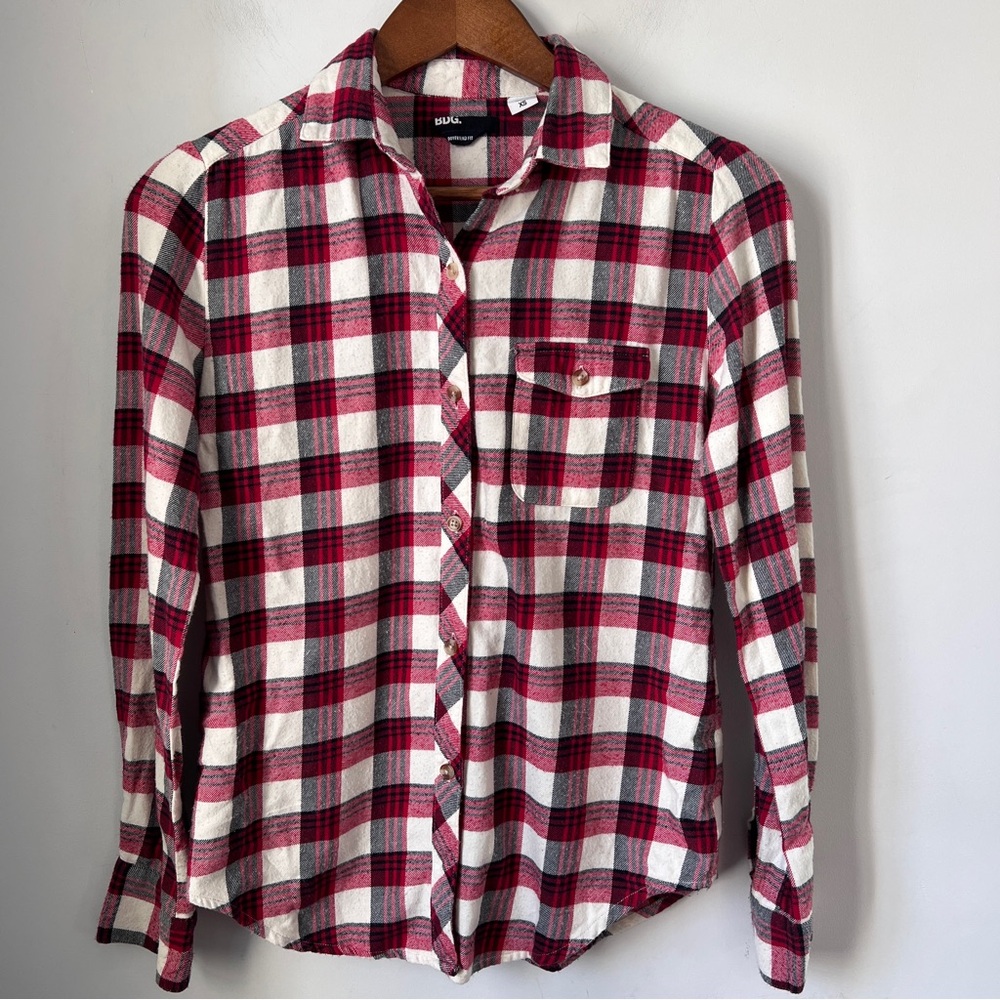 BDG Red and White Plaid Button Down Shirt Boyfriend Fit